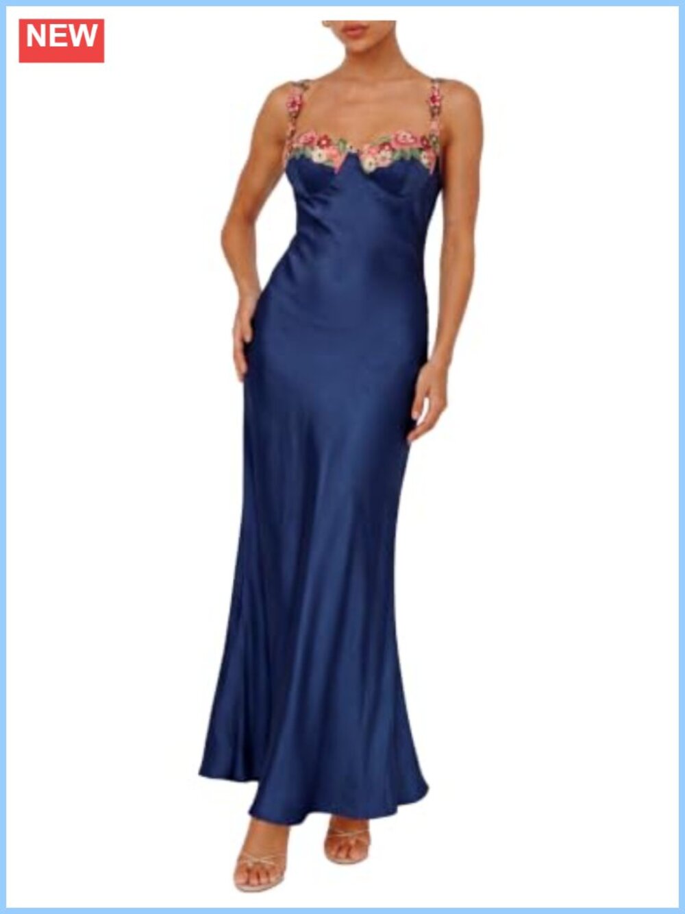 Satin Spaghetti Strap Floral Applique Maxi Dress Sweetheart Backless Slit